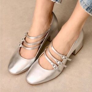 ANTHROPOLOGIE Reformation Mimi Buckle Pumps Silver Metallic Jewel Buckles Sz 10